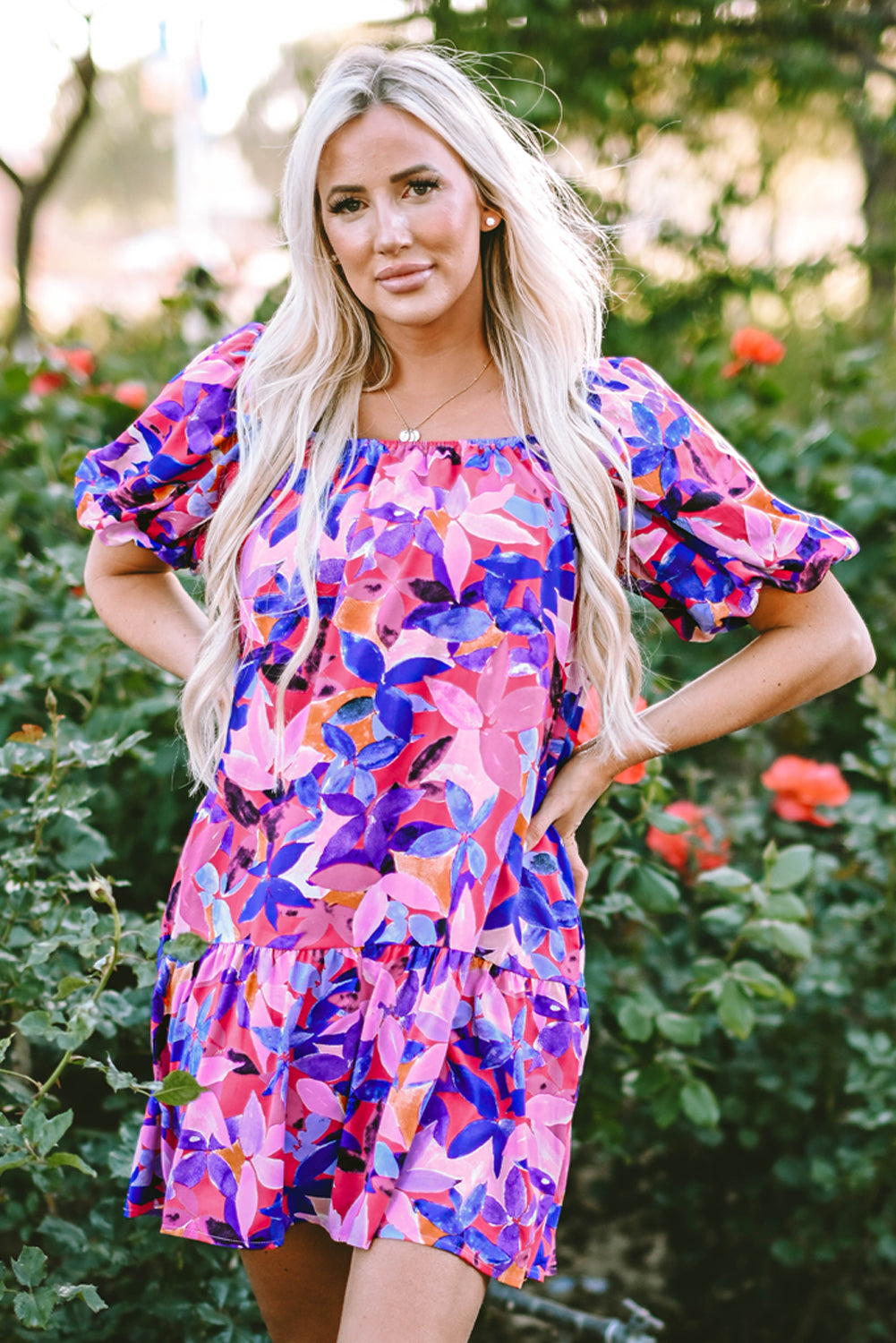 Flower Short Sleeve Ruffled Dresses