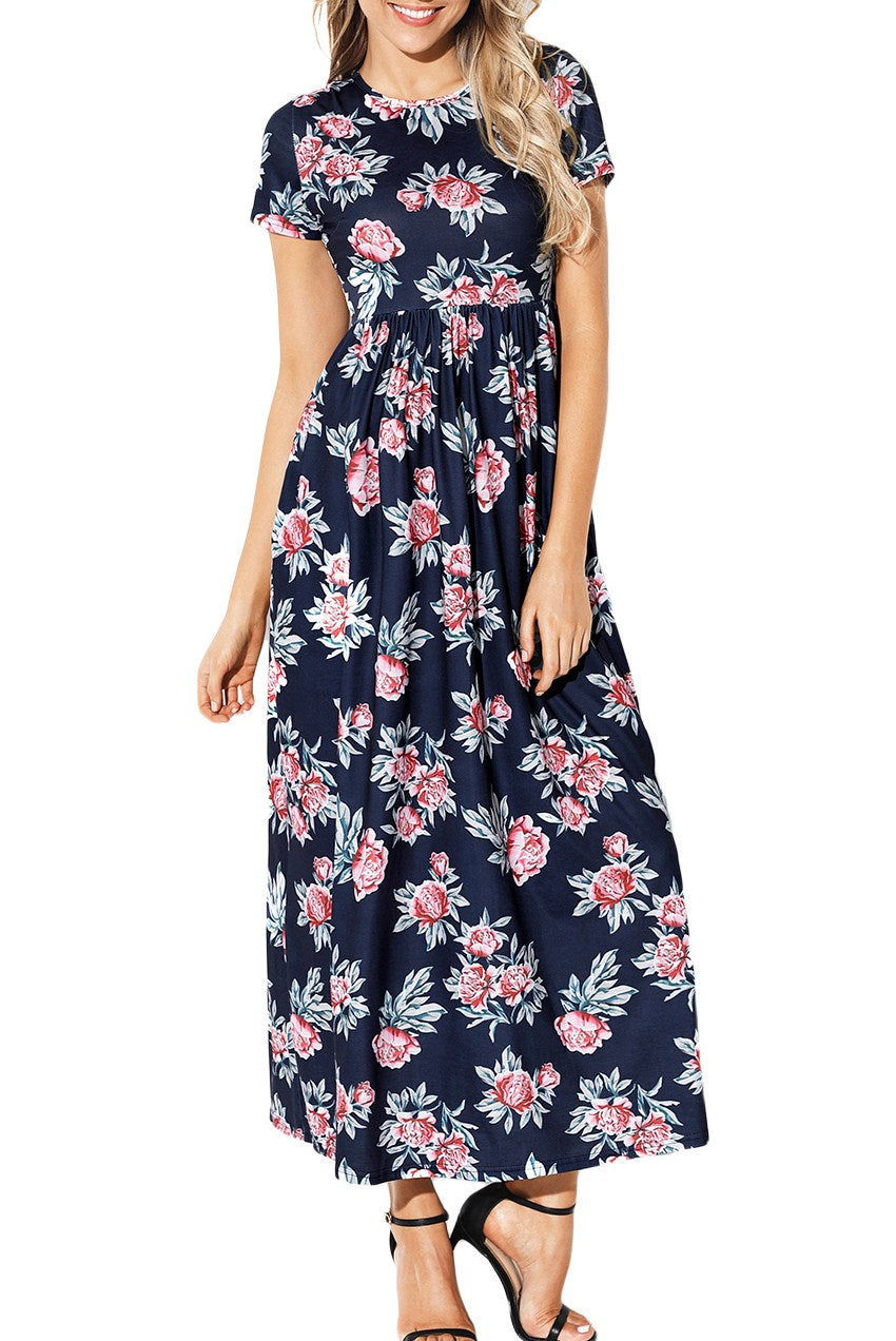 Pocket Design Short Sleeve Black Floral Maxi Dress