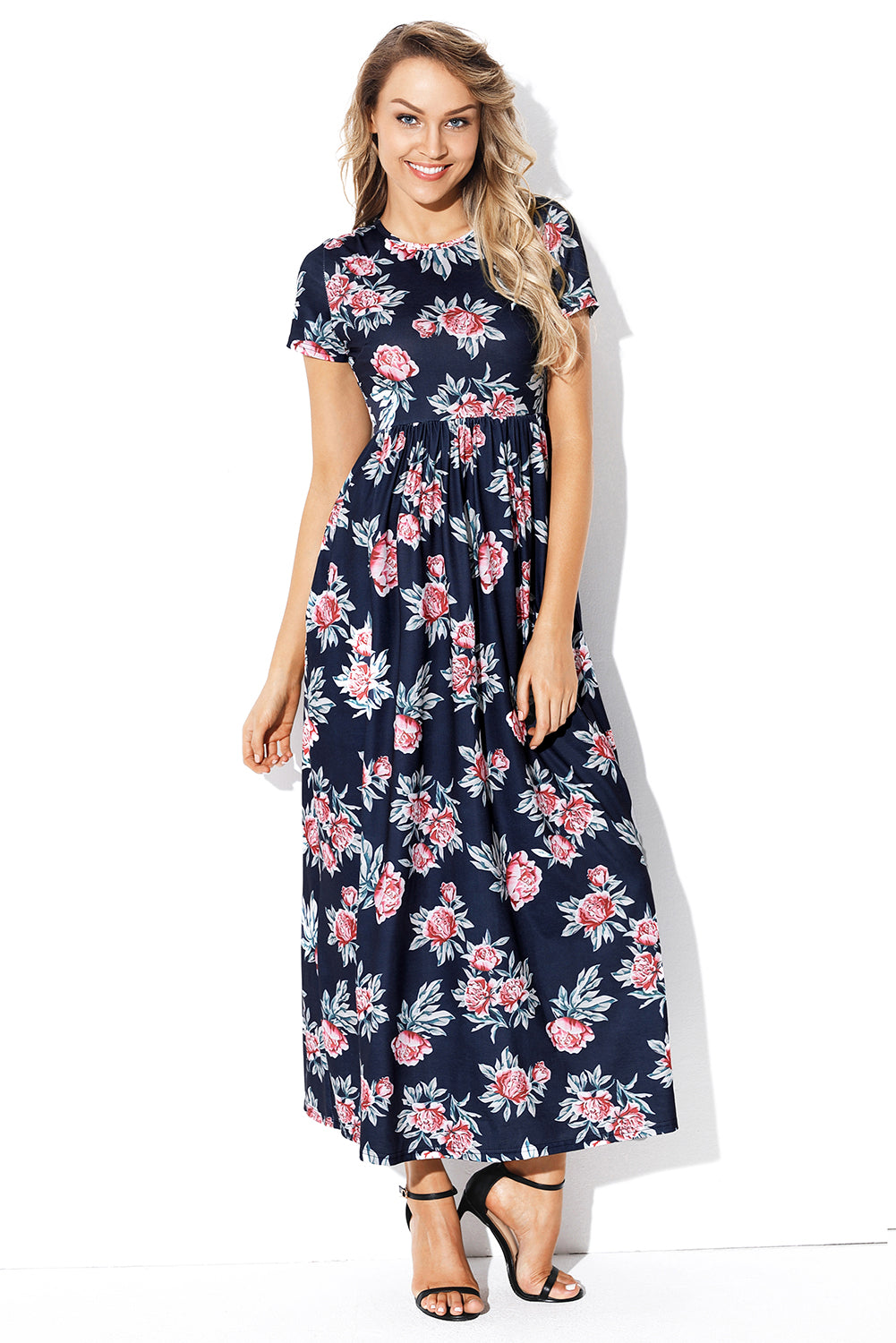 Pocket Design Short Sleeve Black Floral Maxi Dress