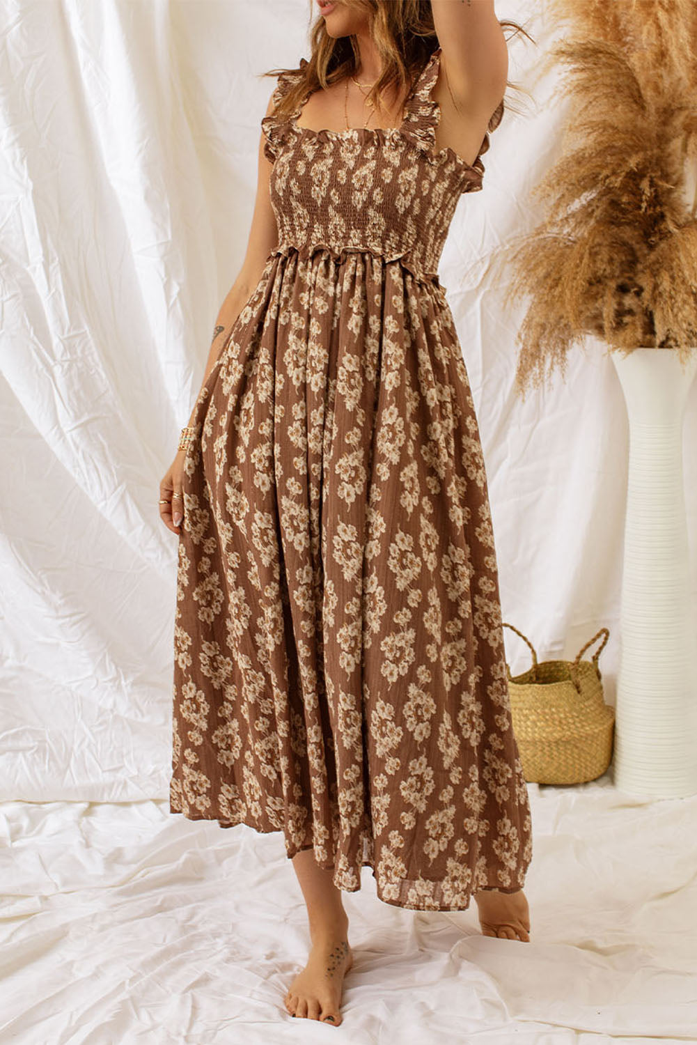 Ruffled Smocked Floral Maxi Dresses